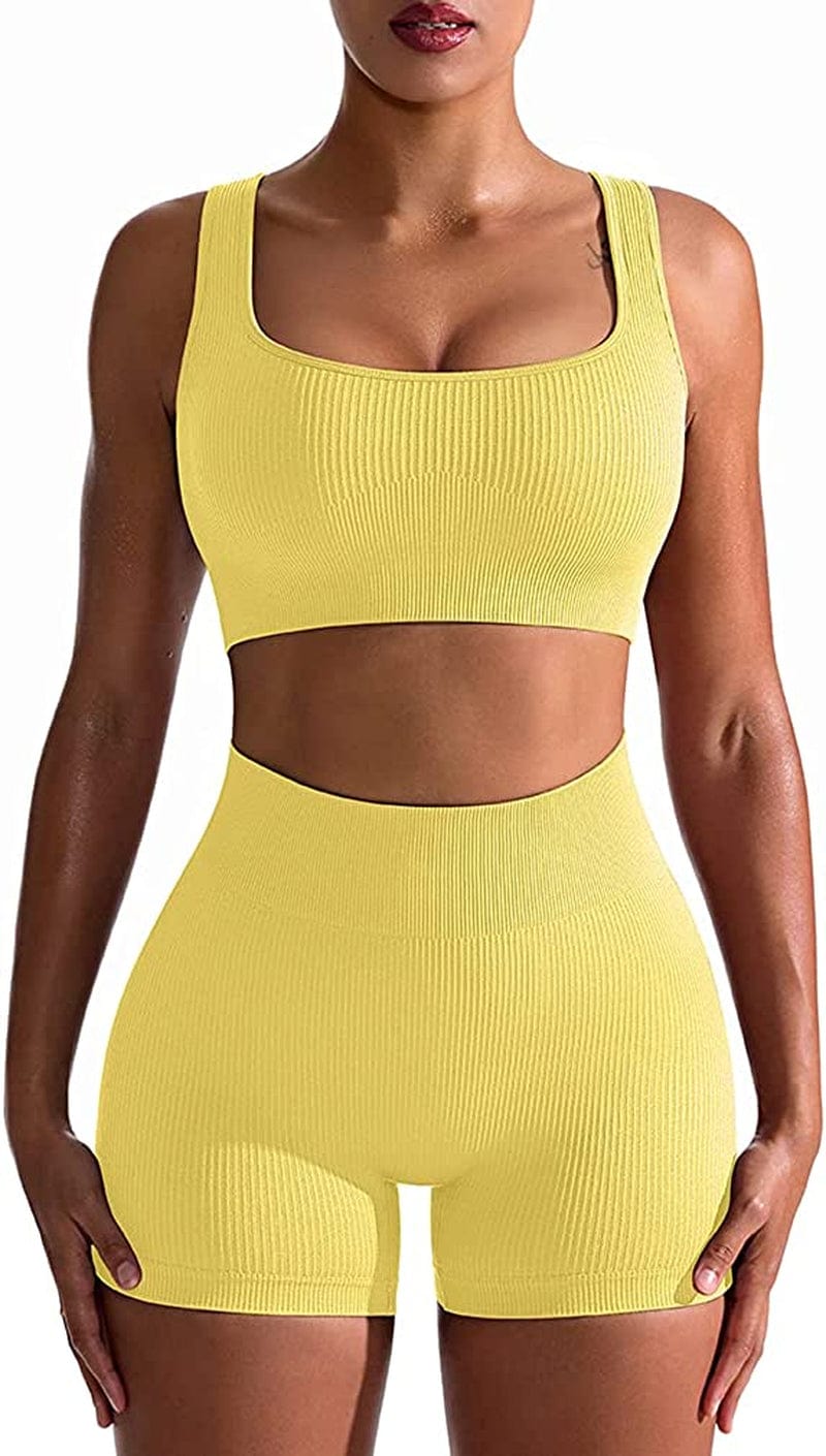 Workout Outfits for Women 2 Piece Seamless Ribbed High Waist Leggings with Sports Bra Exercise Set D_bady Yellow / Large