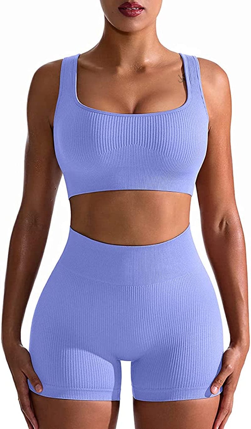 Workout Outfits for Women 2 Piece Seamless Ribbed High Waist Leggings with Sports Bra Exercise Set Purple / Large