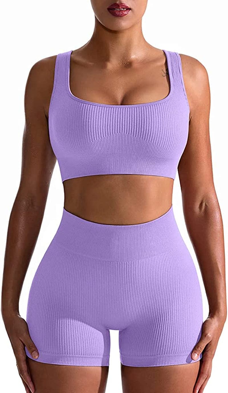 Workout Outfits for Women 2 Piece Seamless Ribbed High Waist Leggings with Sports Bra Exercise Set Lavender / Medium