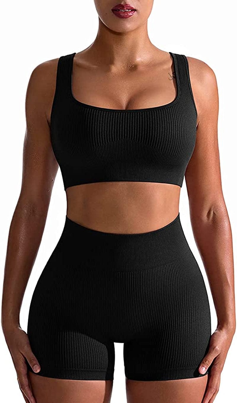 Workout Outfits for Women 2 Piece Seamless Ribbed High Waist Leggings with Sports Bra Exercise Set Black / Medium