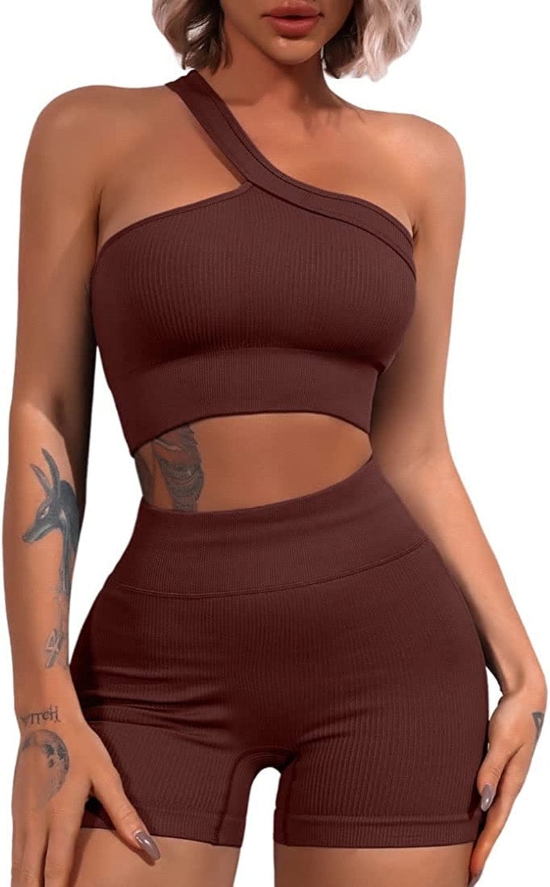 Workout Sets for Women 2 Piece Seamless One Shoulder Sport Bra High Waist Shorts GMY Yoga Outfits Coffee / Large
