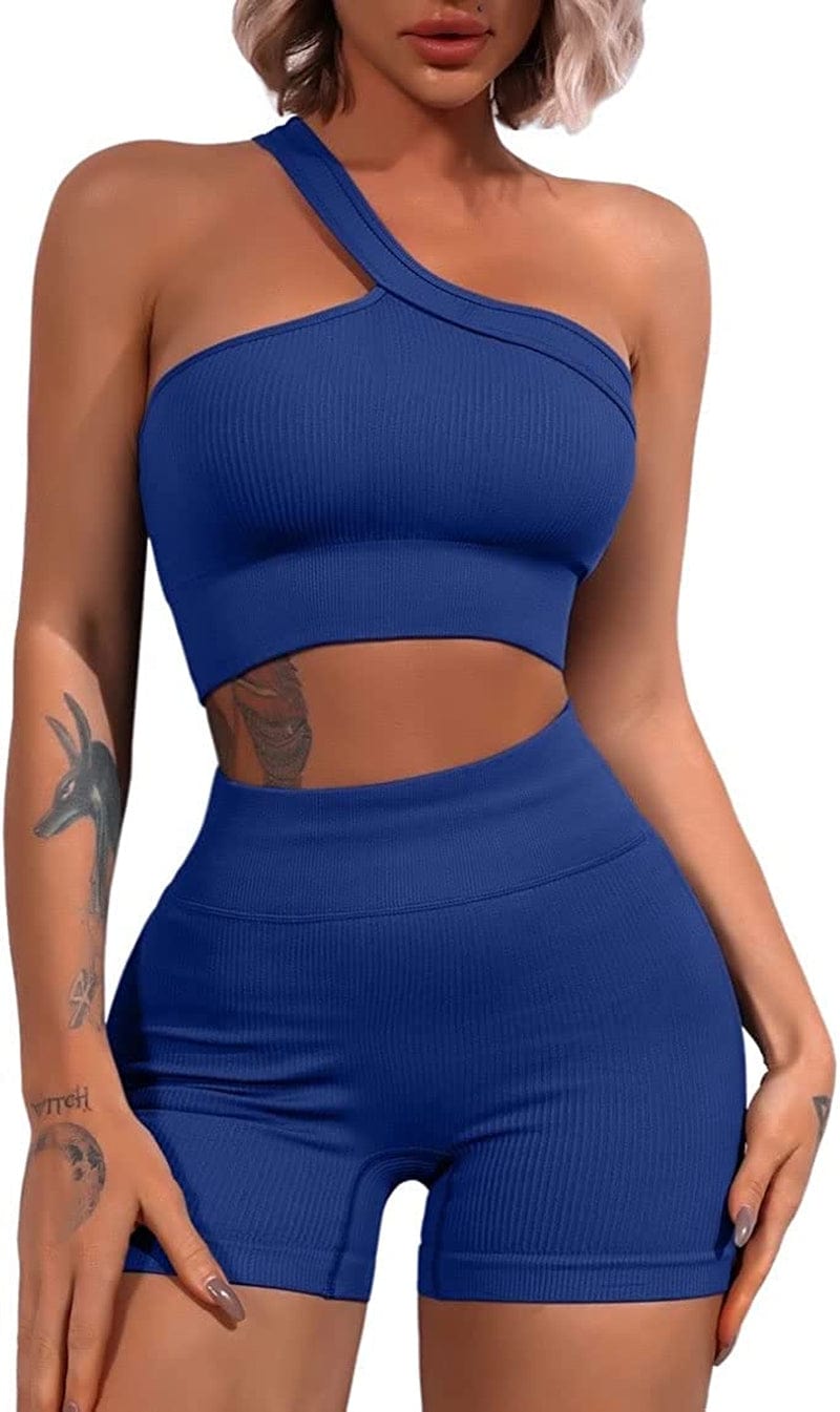 Workout Sets for Women 2 Piece Seamless One Shoulder Sport Bra High Waist Shorts GMY Yoga Outfits Dark Blue / Small
