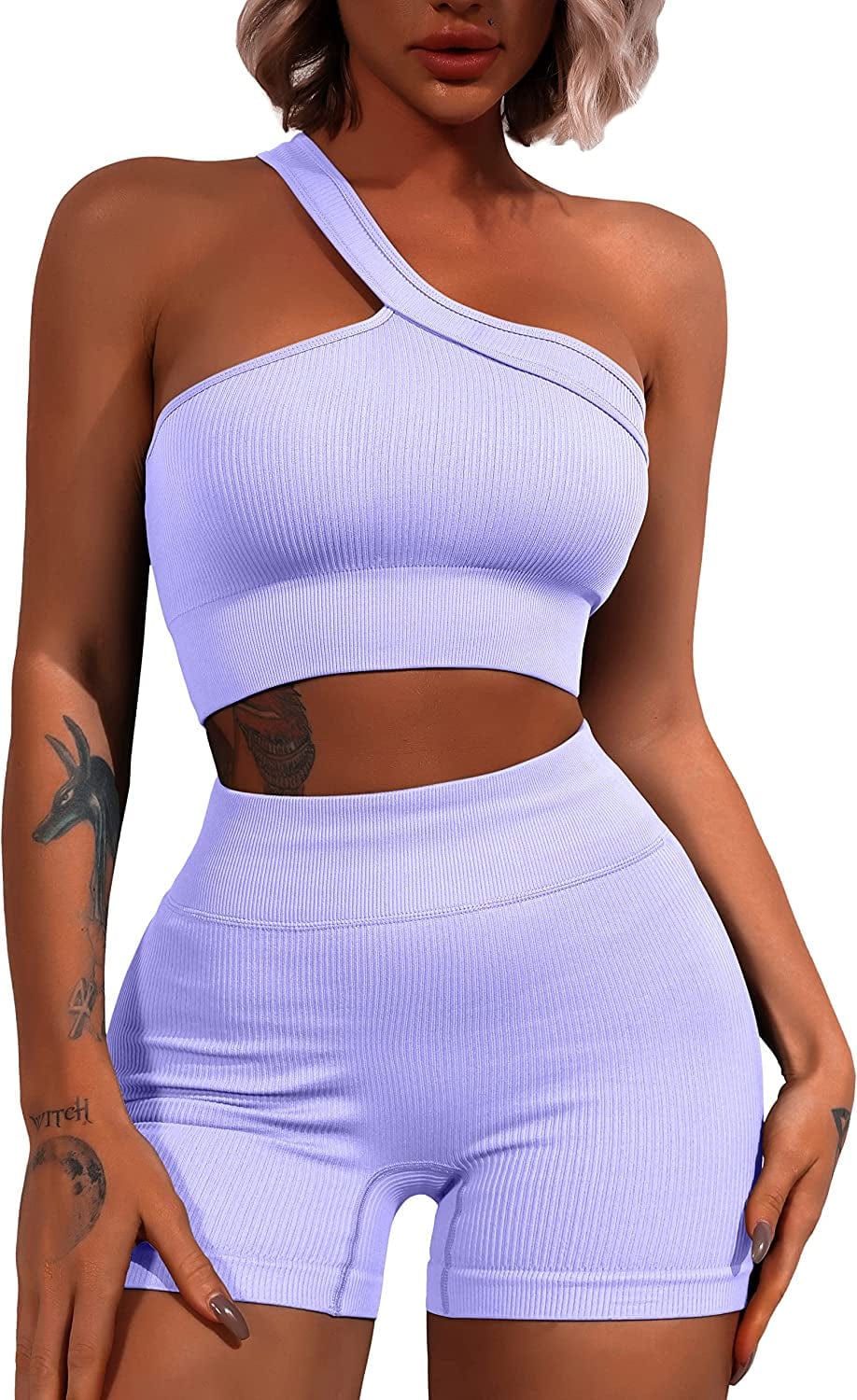 Workout Sets for Women 2 Piece Seamless One Shoulder Sport Bra High Waist Shorts GMY Yoga Outfits Light Purple / Medium