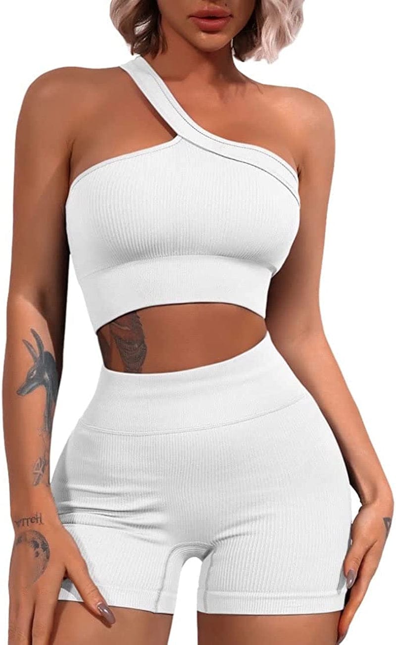Workout Sets for Women 2 Piece Seamless One Shoulder Sport Bra High Waist Shorts GMY Yoga Outfits White / Medium