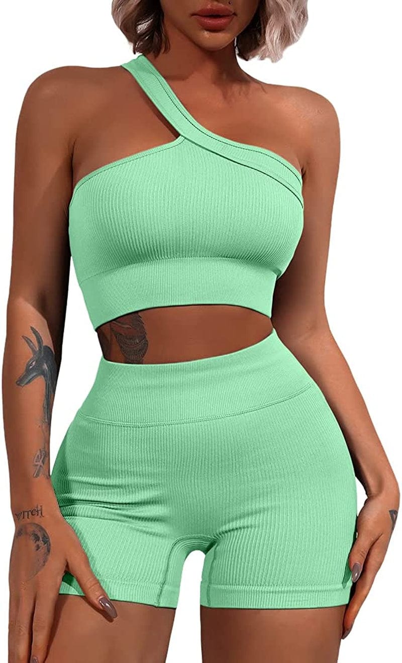 Workout Sets for Women 2 Piece Seamless One Shoulder Sport Bra High Waist Shorts GMY Yoga Outfits Light Green / Small