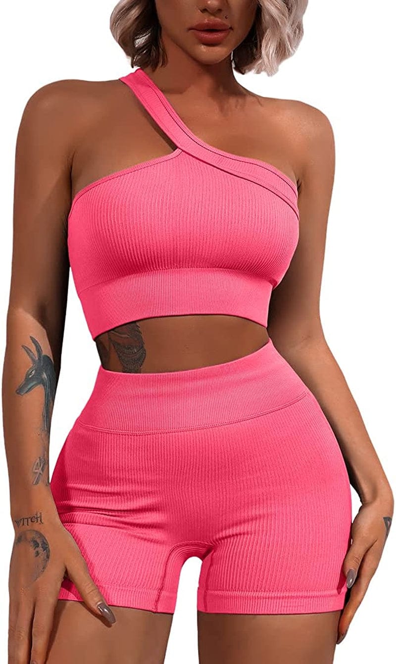 Workout Sets for Women 2 Piece Seamless One Shoulder Sport Bra High Waist Shorts GMY Yoga Outfits Rosy / Medium