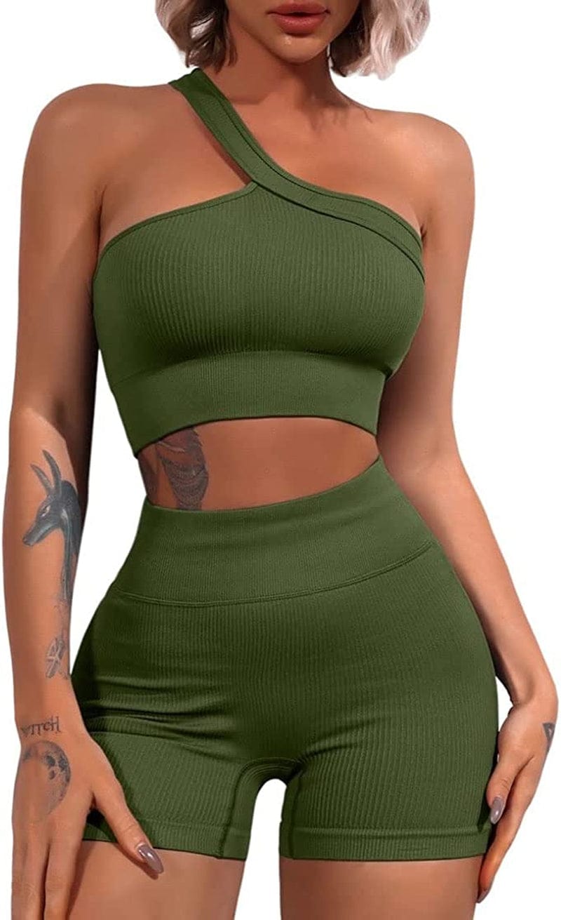 Workout Sets for Women 2 Piece Seamless One Shoulder Sport Bra High Waist Shorts GMY Yoga Outfits Army Green / Medium