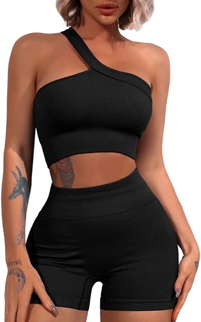 Workout Sets for Women 2 Piece Seamless One Shoulder Sport Bra High Waist Shorts GMY Yoga Outfits Black / Large