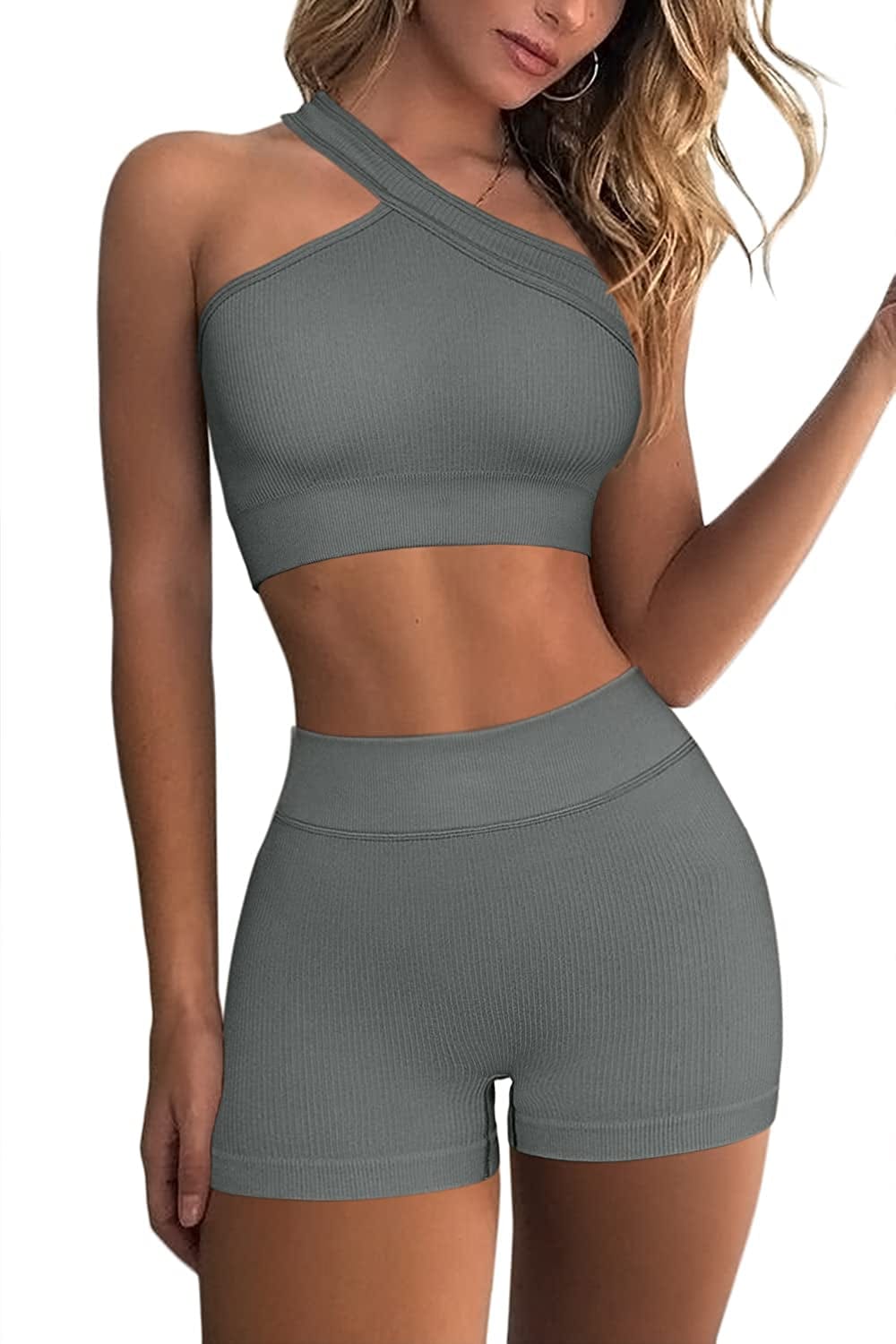 Workout Sets for Women 2 Piece Seamless One Shoulder Sport Bra High Waist Shorts GMY Yoga Outfits