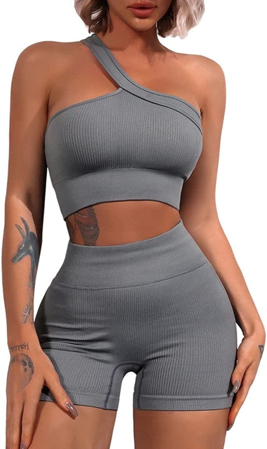 Workout Sets for Women 2 Piece Seamless One Shoulder Sport Bra High Waist Shorts GMY Yoga Outfits Grey / Medium