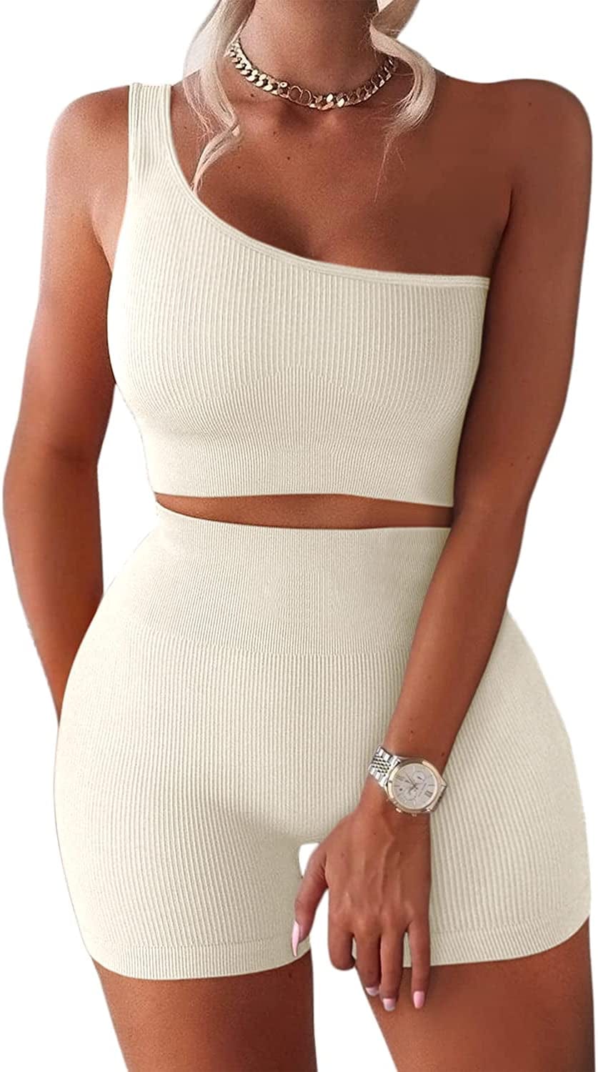 Workout Sets for Women 2 Piece Seamless Ribbed Crop Tank High Waist Shorts Yoga Outfits Beige_1 / Small