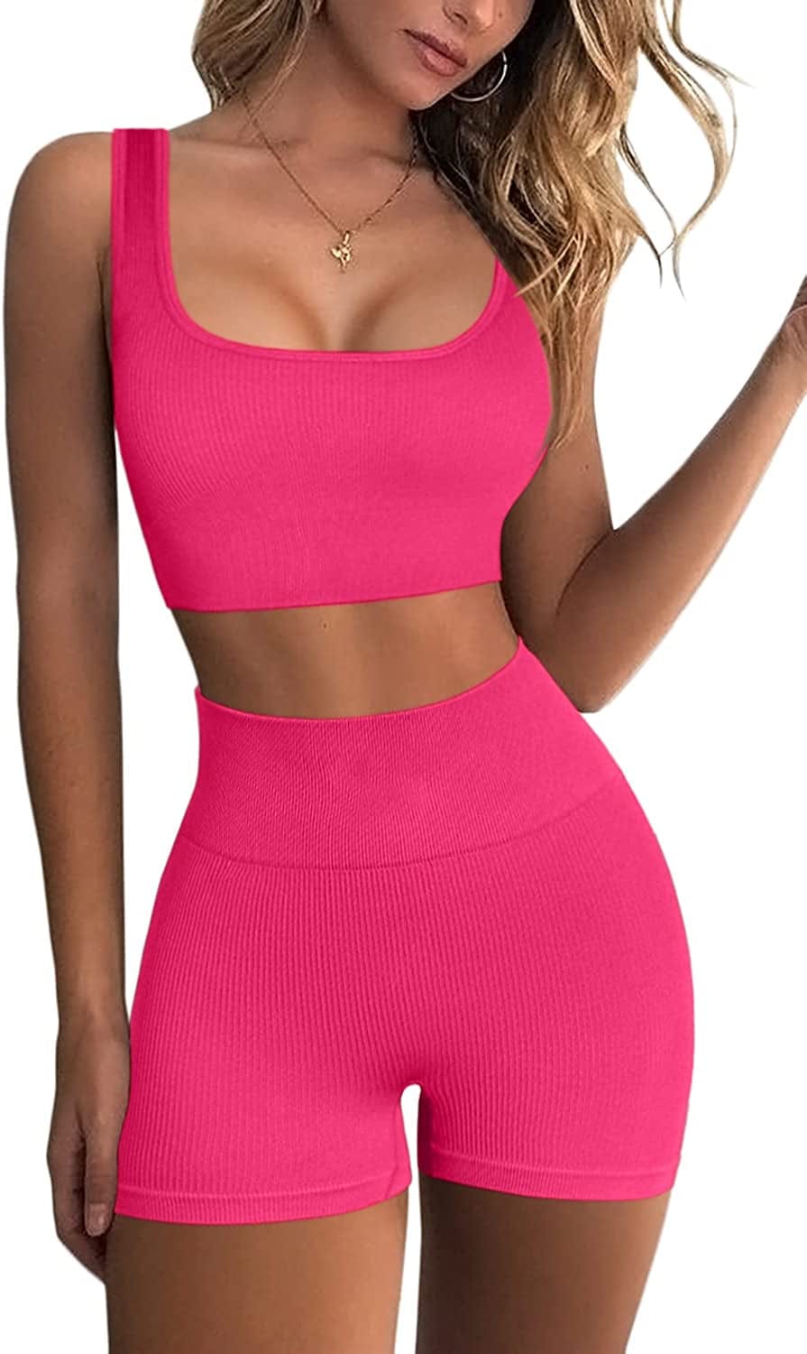 Workout Sets for Women 2 Piece Seamless Ribbed Crop Tank High Waist Shorts Yoga Outfits Rosy / Small