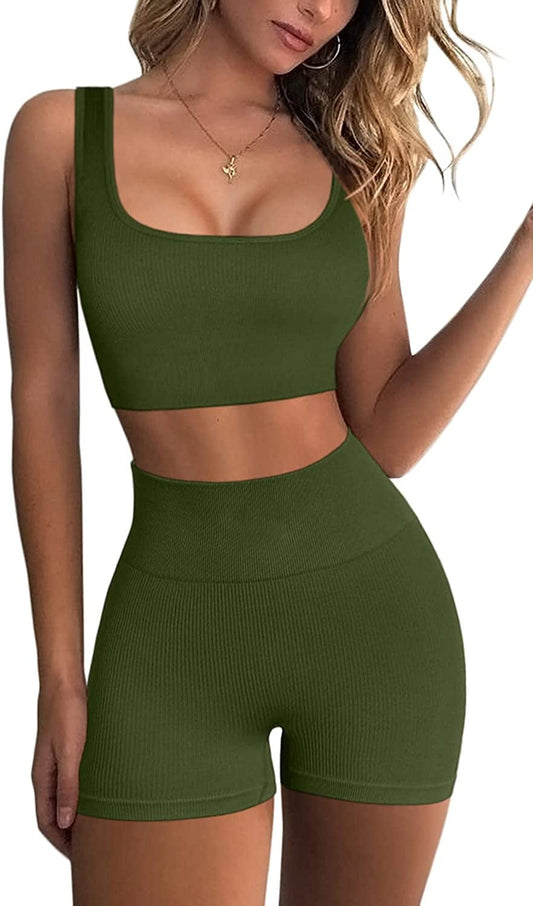 Workout Sets for Women 2 Piece Seamless Ribbed Crop Tank High Waist Shorts Yoga Outfits Army Green / Small