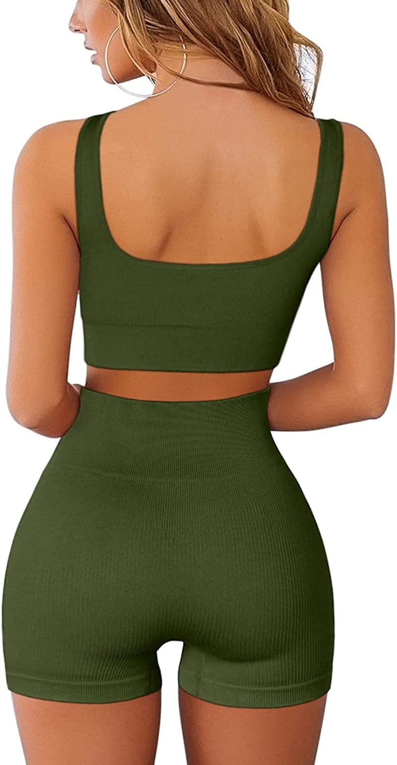 Workout Sets for Women 2 Piece Seamless Ribbed Crop Tank High Waist Shorts Yoga Outfits