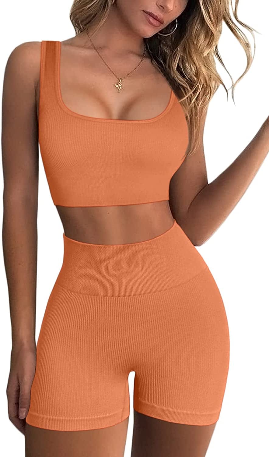 Workout Sets for Women 2 Piece Seamless Ribbed Crop Tank High Waist Shorts Yoga Outfits Light Orange / X-Small