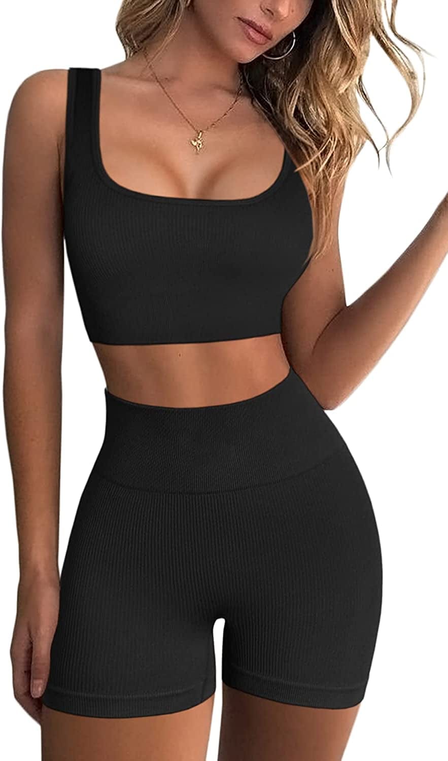 Workout Sets for Women 2 Piece Seamless Ribbed Crop Tank High Waist Shorts Yoga Outfits Black / Medium