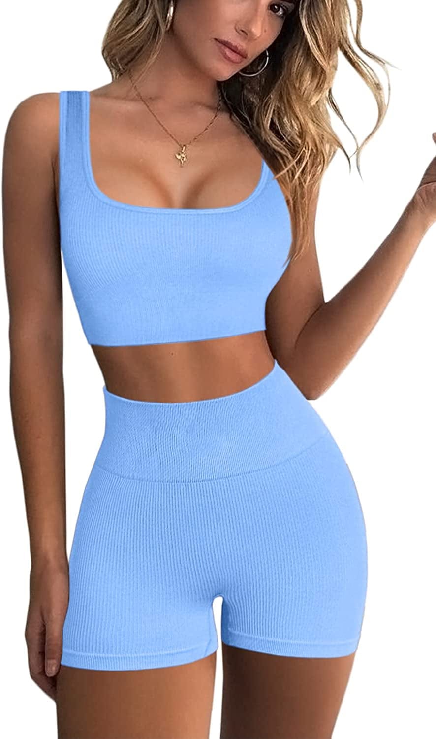 Workout Sets for Women 2 Piece Seamless Ribbed Crop Tank High Waist Shorts Yoga Outfits Blue 01 / Small