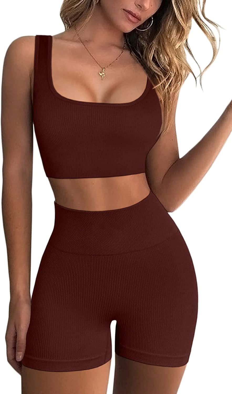 Workout Sets for Women 2 Piece Seamless Ribbed Crop Tank High Waist Shorts Yoga Outfits Coffee / Large