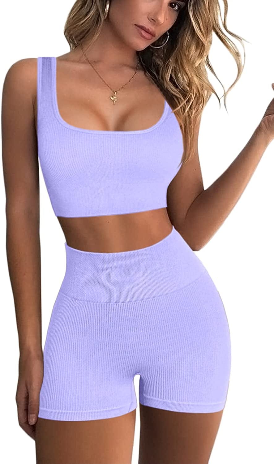 Workout Sets for Women 2 Piece Seamless Ribbed Crop Tank High Waist Shorts Yoga Outfits Light Purple / Large