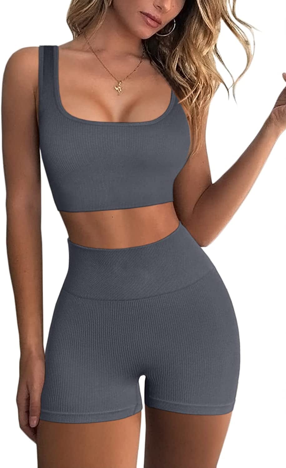 Workout Sets for Women 2 Piece Seamless Ribbed Crop Tank High Waist Shorts Yoga Outfits Dark Grey / X-Small