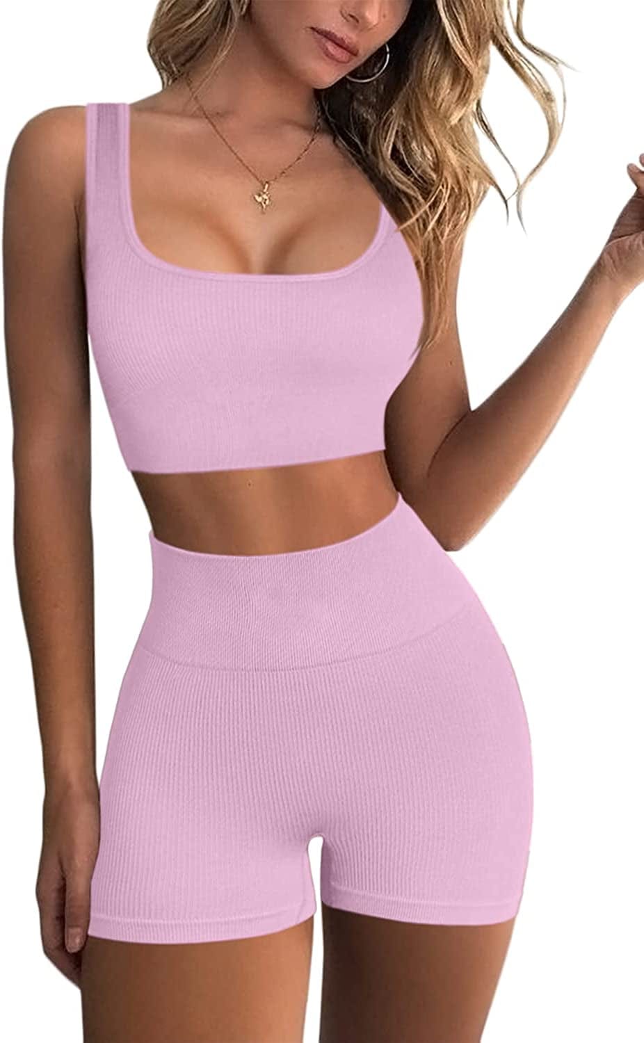 Workout Sets for Women 2 Piece Seamless Ribbed Crop Tank High Waist Shorts Yoga Outfits Dusty Pink / Medium