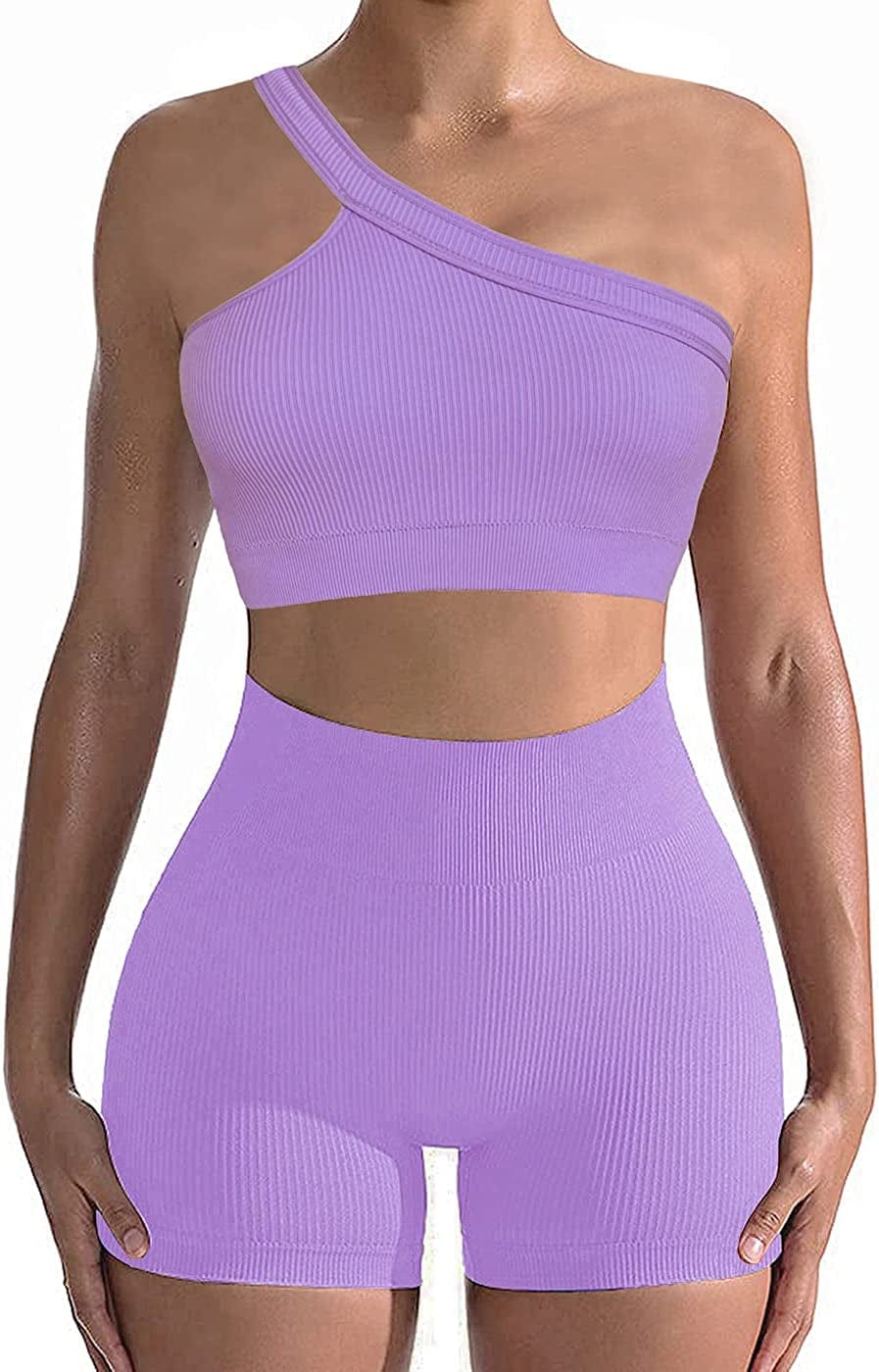 Workout Sets for Women 2 Piece Seamless Sexy One Shoulder Sport Bra High Waist Shorts GMY Yoga Two Piece Outfits Purple / Medium
