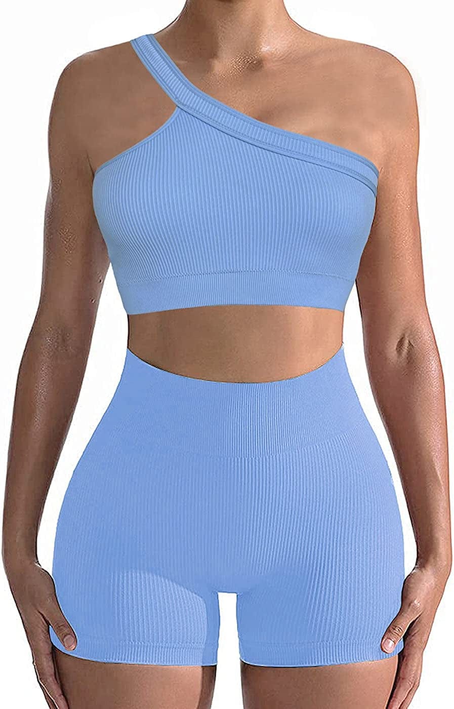 Workout Sets for Women 2 Piece Seamless Sexy One Shoulder Sport Bra High Waist Shorts GMY Yoga Two Piece Outfits Light Sky Blue / Medium