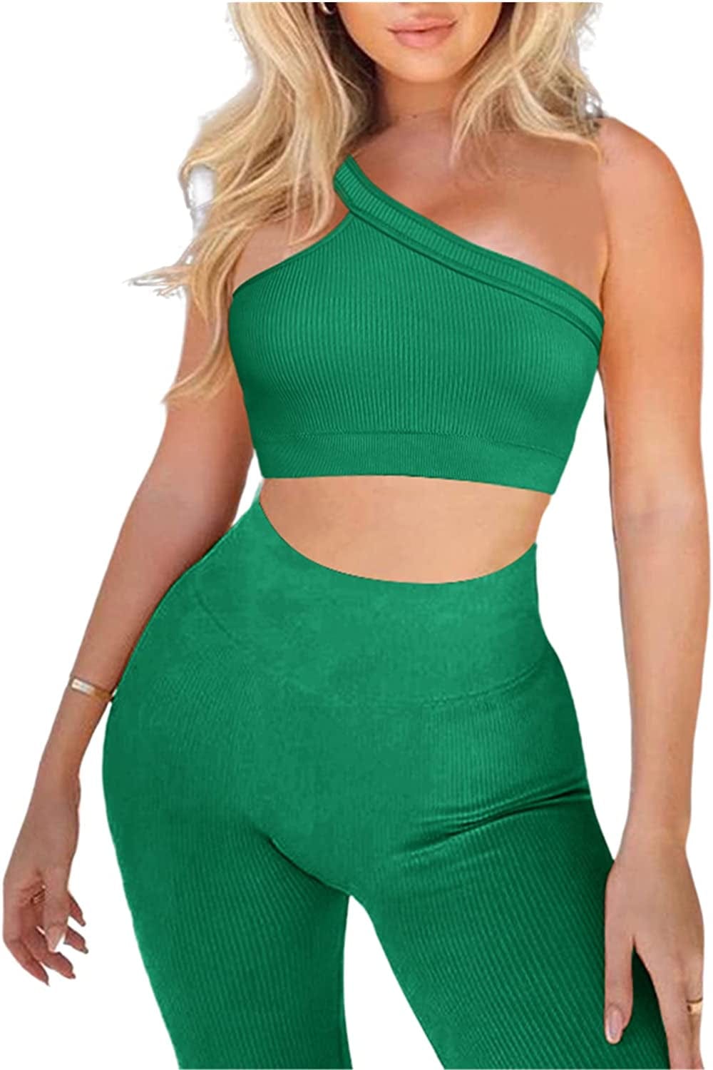 Workout Sets for Women 2 Piece Seamless Sexy One Shoulder Sport Bra High Waist Shorts GMY Yoga Two Piece Outfits A-grass Green / Medium