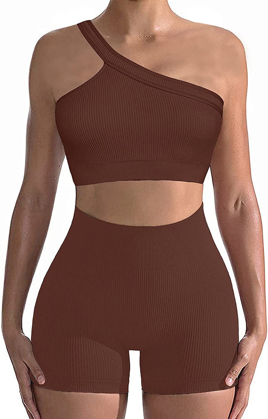 Workout Sets for Women 2 Piece Seamless Sexy One Shoulder Sport Bra High Waist Shorts GMY Yoga Two Piece Outfits Coffee Brown / Medium