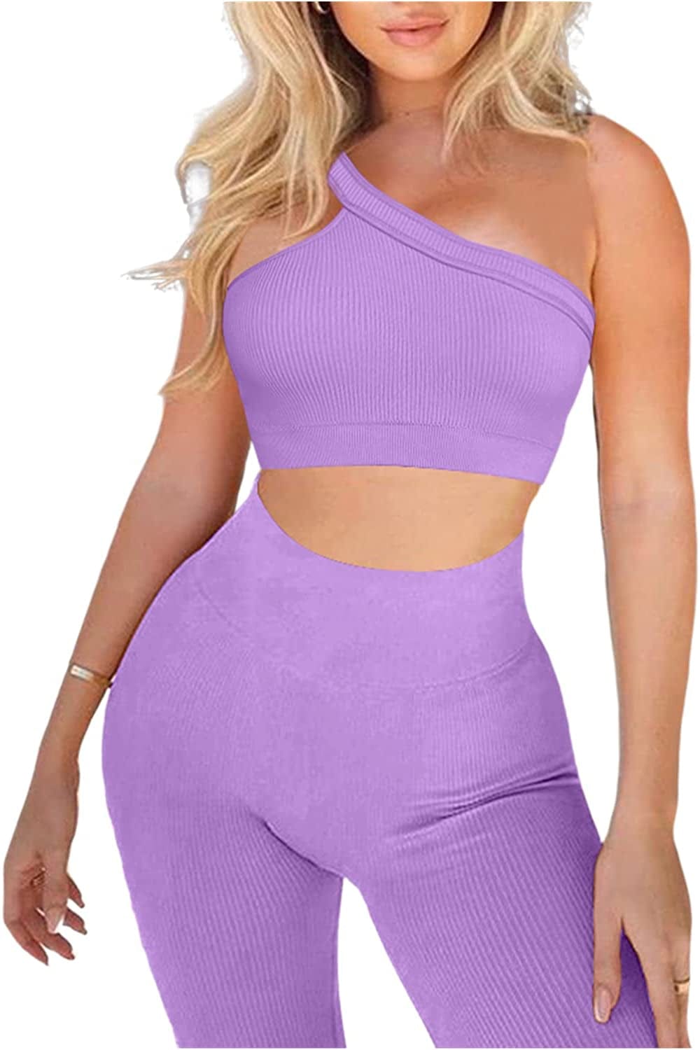 Workout Sets for Women 2 Piece Seamless Sexy One Shoulder Sport Bra High Waist Shorts GMY Yoga Two Piece Outfits A-purple / Medium