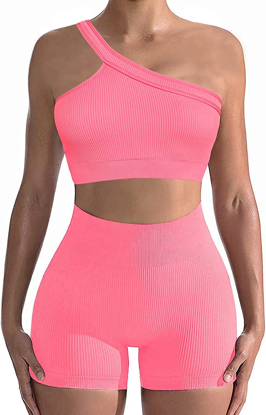Workout Sets for Women 2 Piece Seamless Sexy One Shoulder Sport Bra High Waist Shorts GMY Yoga Two Piece Outfits Pink / Medium