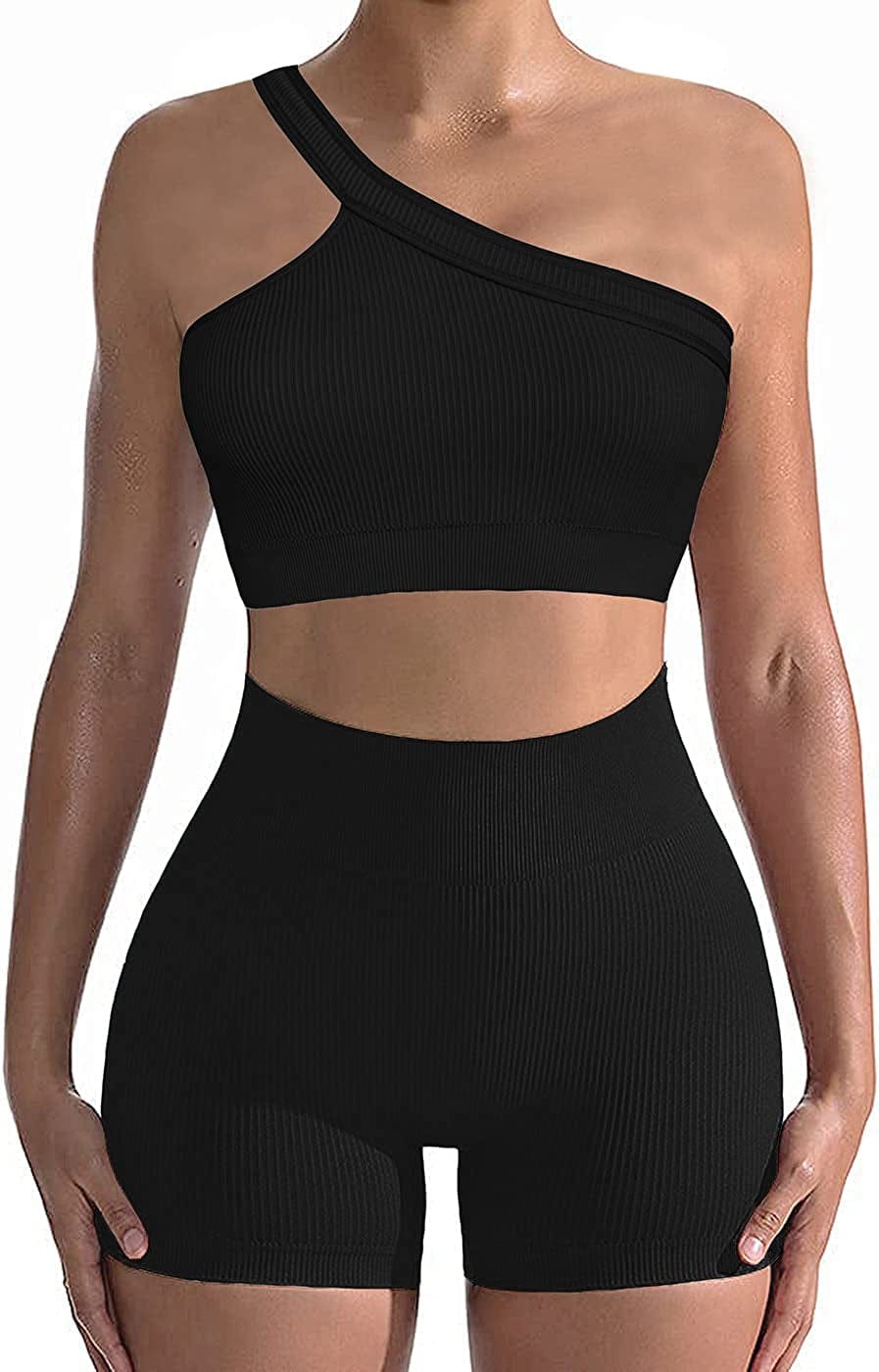 Workout Sets for Women 2 Piece Seamless Sexy One Shoulder Sport Bra High Waist Shorts GMY Yoga Two Piece Outfits Black / Medium