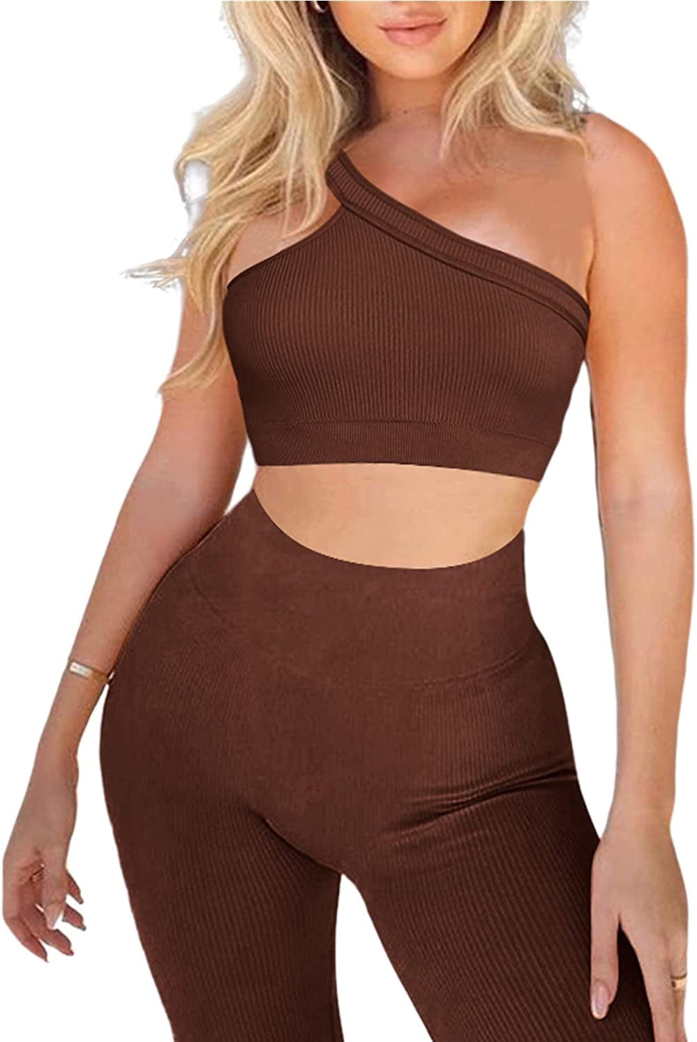 Workout Sets for Women 2 Piece Seamless Sexy One Shoulder Sport Bra High Waist Shorts GMY Yoga Two Piece Outfits A-coffee / Medium