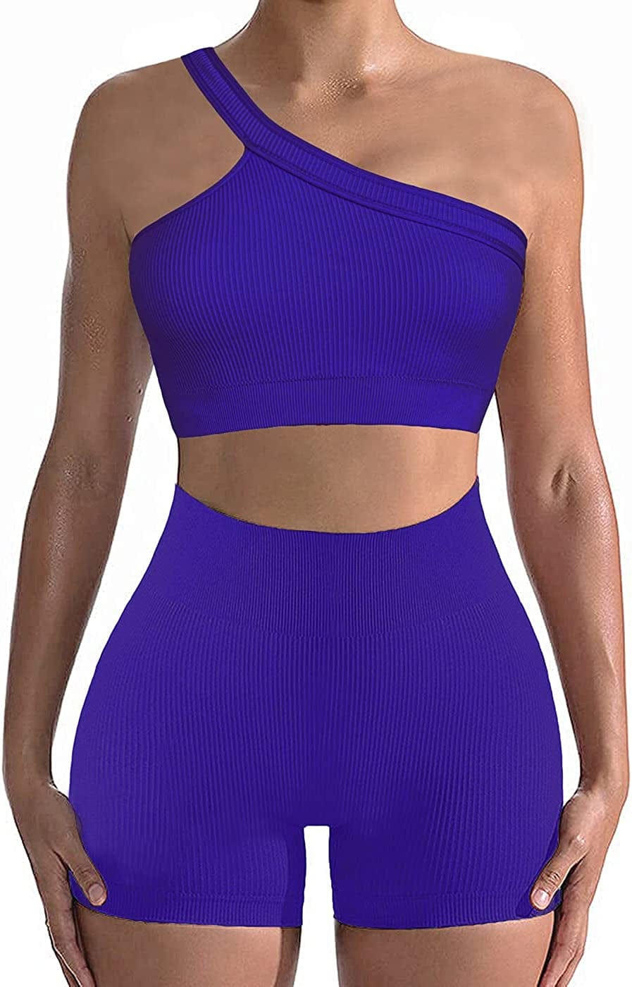 Workout Sets for Women 2 Piece Seamless Sexy One Shoulder Sport Bra High Waist Shorts GMY Yoga Two Piece Outfits Navy Blue / Medium