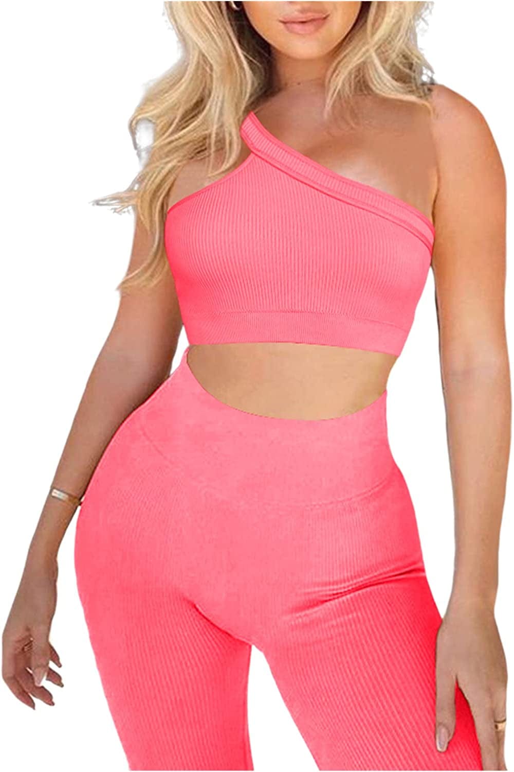 Workout Sets for Women 2 Piece Seamless Sexy One Shoulder Sport Bra High Waist Shorts GMY Yoga Two Piece Outfits A-pink / Medium