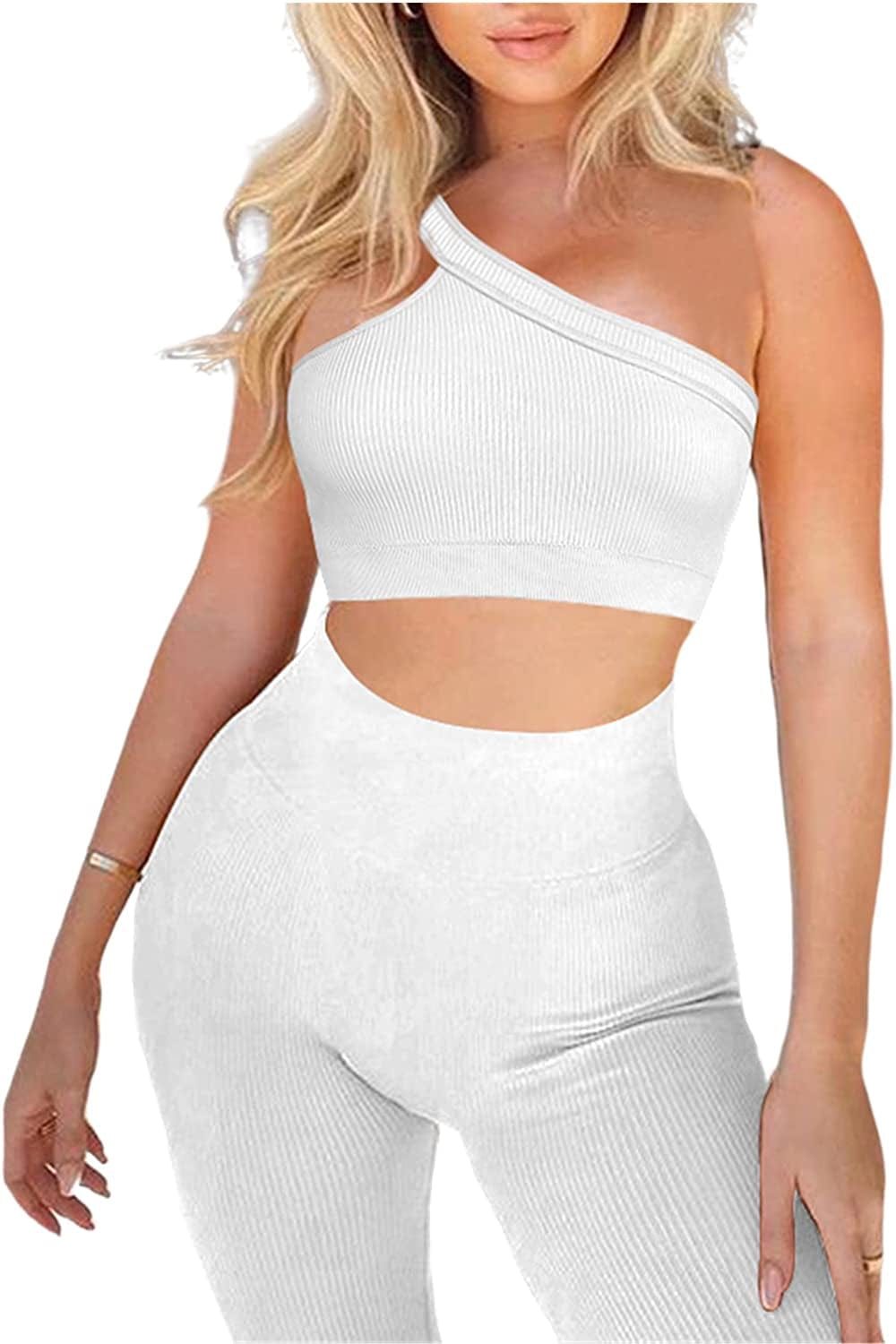 Workout Sets for Women 2 Piece Seamless Sexy One Shoulder Sport Bra High Waist Shorts GMY Yoga Two Piece Outfits A-pure White / Medium