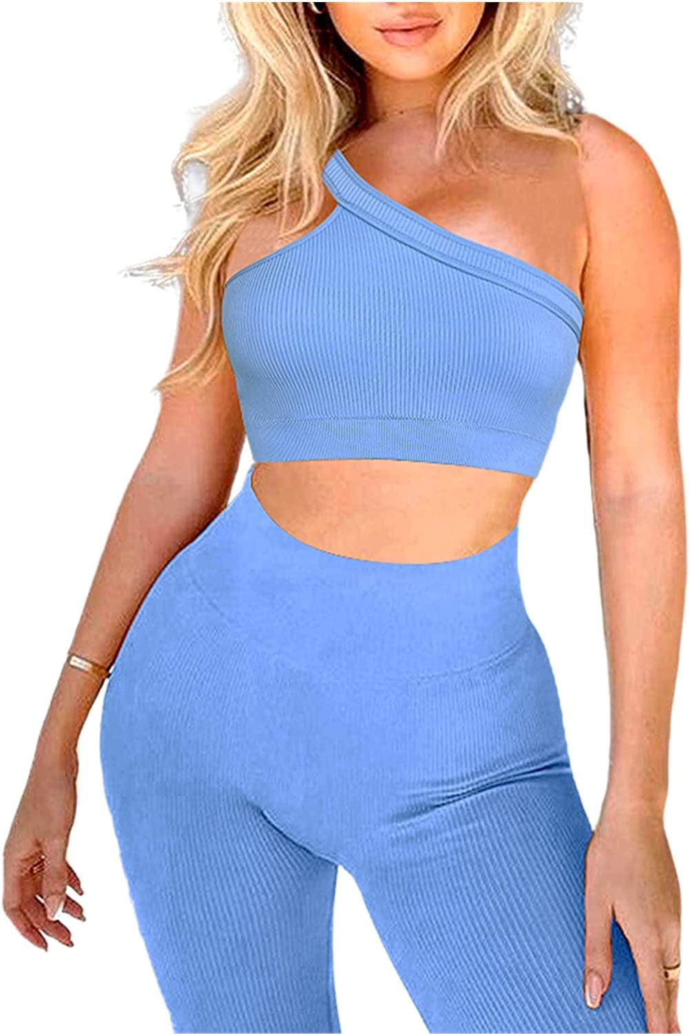 Workout Sets for Women 2 Piece Seamless Sexy One Shoulder Sport Bra High Waist Shorts GMY Yoga Two Piece Outfits A-light Sky Blue / Medium
