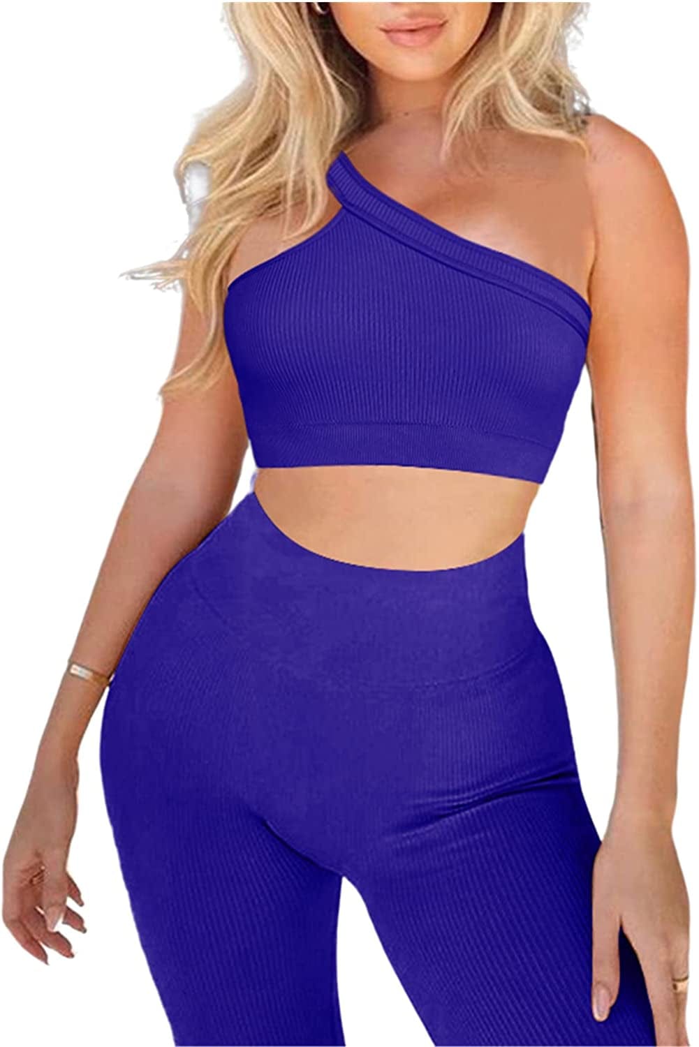 Workout Sets for Women 2 Piece Seamless Sexy One Shoulder Sport Bra High Waist Shorts GMY Yoga Two Piece Outfits A-klein Blue / Medium