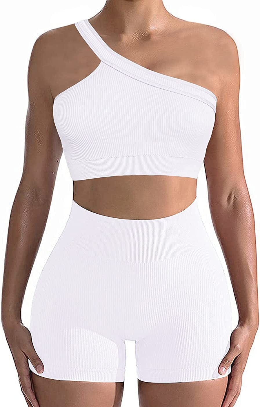 Workout Sets for Women 2 Piece Seamless Sexy One Shoulder Sport Bra High Waist Shorts GMY Yoga Two Piece Outfits White / Medium