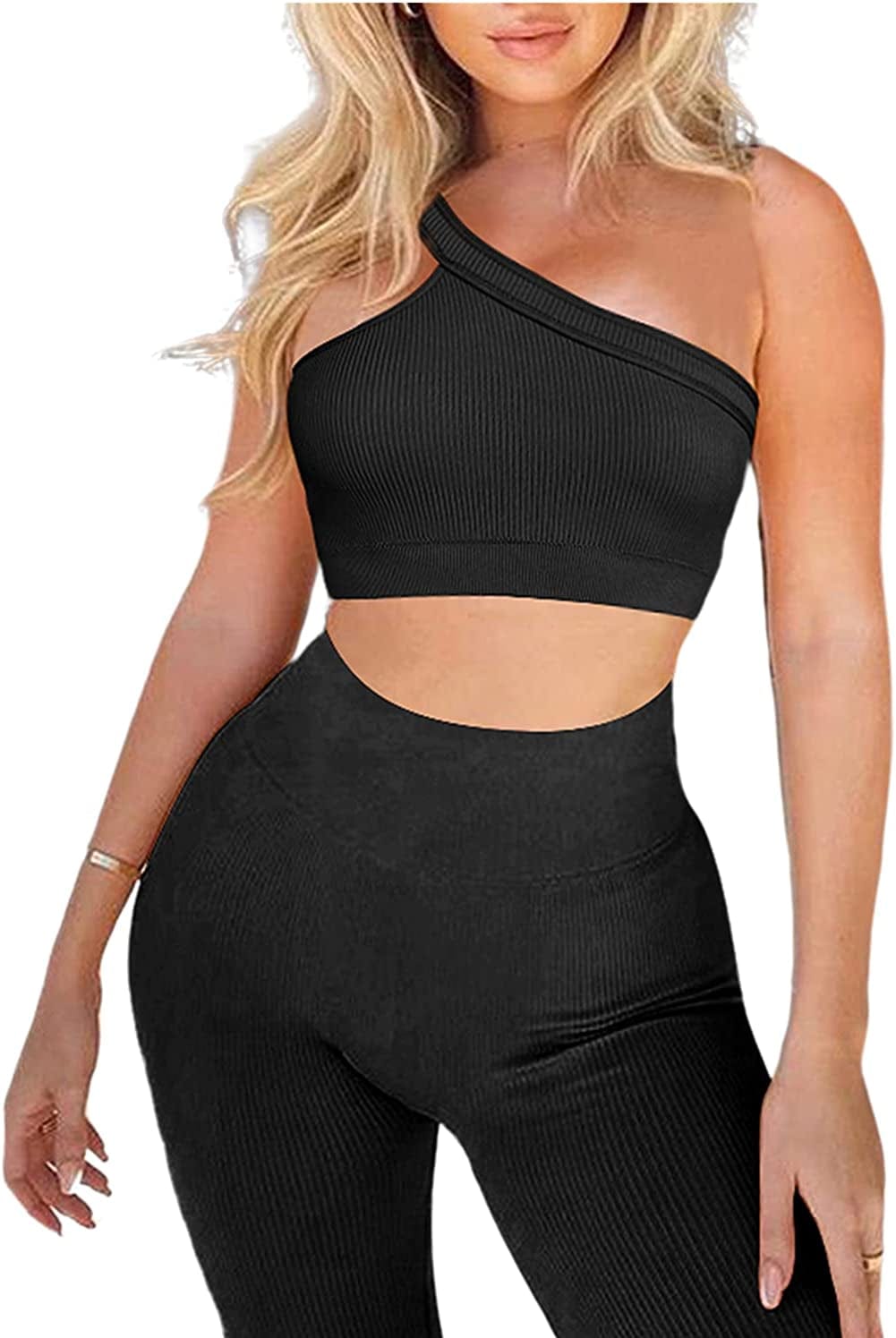 Workout Sets for Women 2 Piece Seamless Sexy One Shoulder Sport Bra High Waist Shorts GMY Yoga Two Piece Outfits A-black / Medium