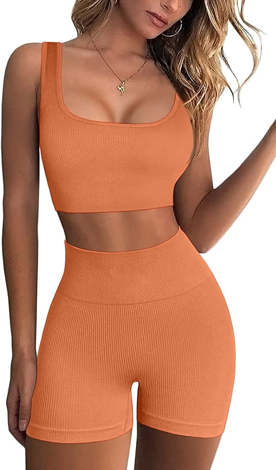 Workout Sets for Women Removable Padded Sexy Sports Bra High Waist Seamless Ribbed Yoga Shorts Cute Outfits Orange / Medium