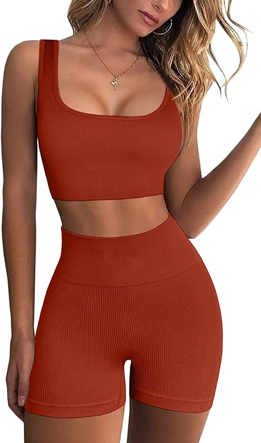 Workout Sets for Women Removable Padded Sexy Sports Bra High Waist Seamless Ribbed Yoga Shorts Cute Outfits Brickred / Large