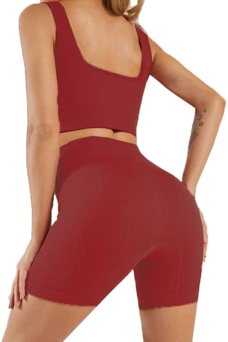 Workout Sets for Women Removable Padded Sexy Sports Bra High Waist Seamless Ribbed Yoga Shorts Cute Outfits