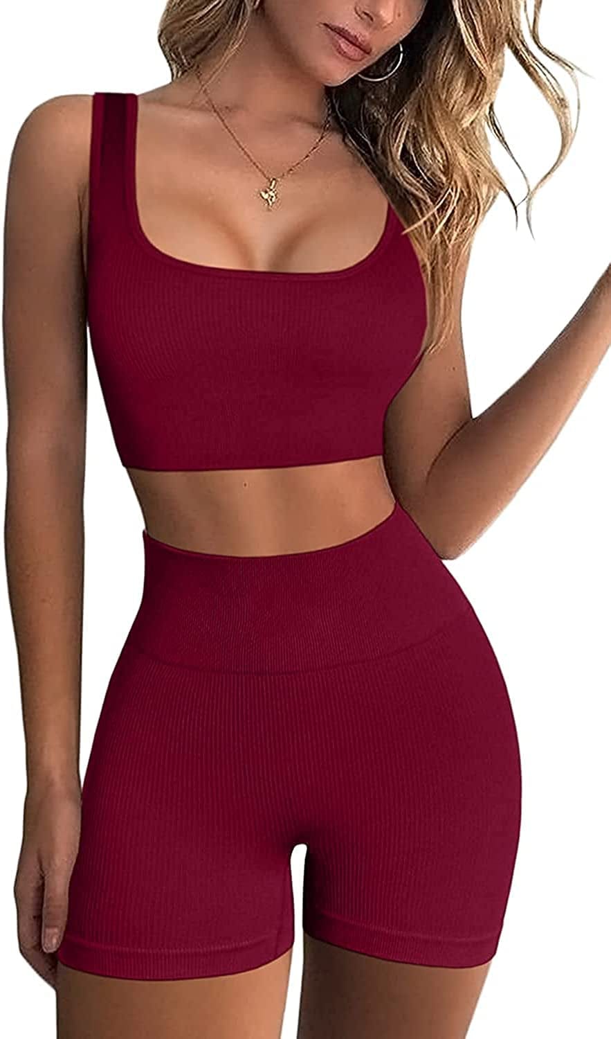 Workout Sets for Women Removable Padded Sexy Sports Bra High Waist Seamless Ribbed Yoga Shorts Cute Outfits Red / Medium