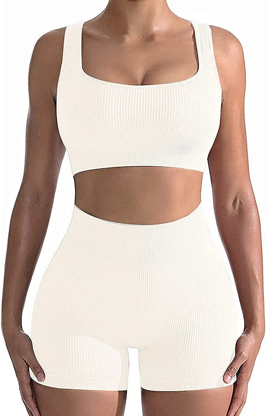 Workout Sets for Women, Seamless Crop Tops Leggings Matching 2 Pieces Outfits, Sexy Two Piece Yoga Workout Outfits Pure White / Medium