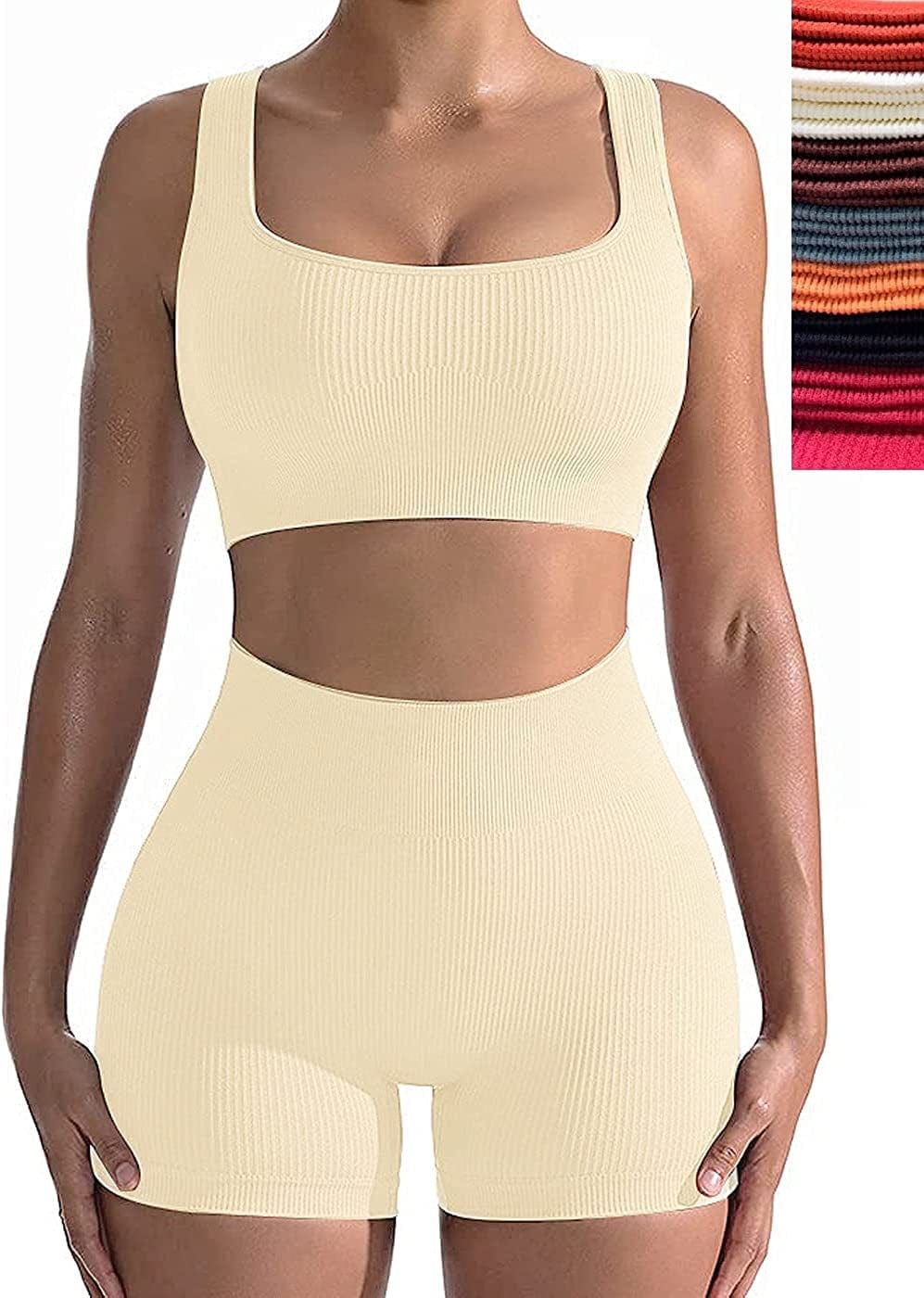 Workout Sets for Women, Seamless Crop Tops Leggings Matching 2 Pieces Outfits, Sexy Two Piece Yoga Workout Outfits Beige / Medium