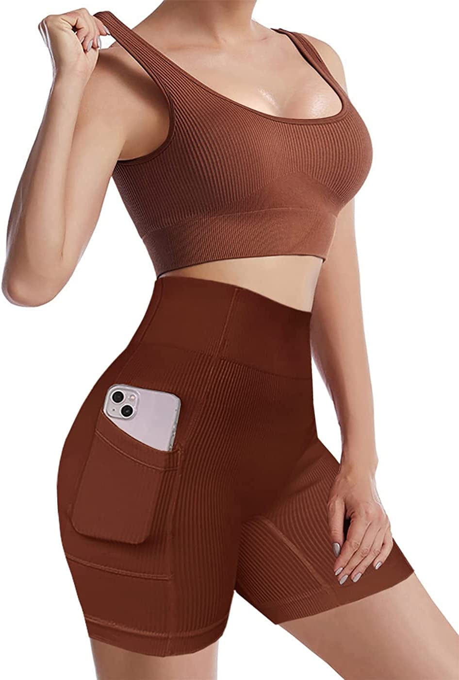 Workout Sets for Women, Seamless Crop Tops Leggings Matching 2 Pieces Outfits, Sexy Two Piece Yoga Workout Outfits Coffee 1 / Small
