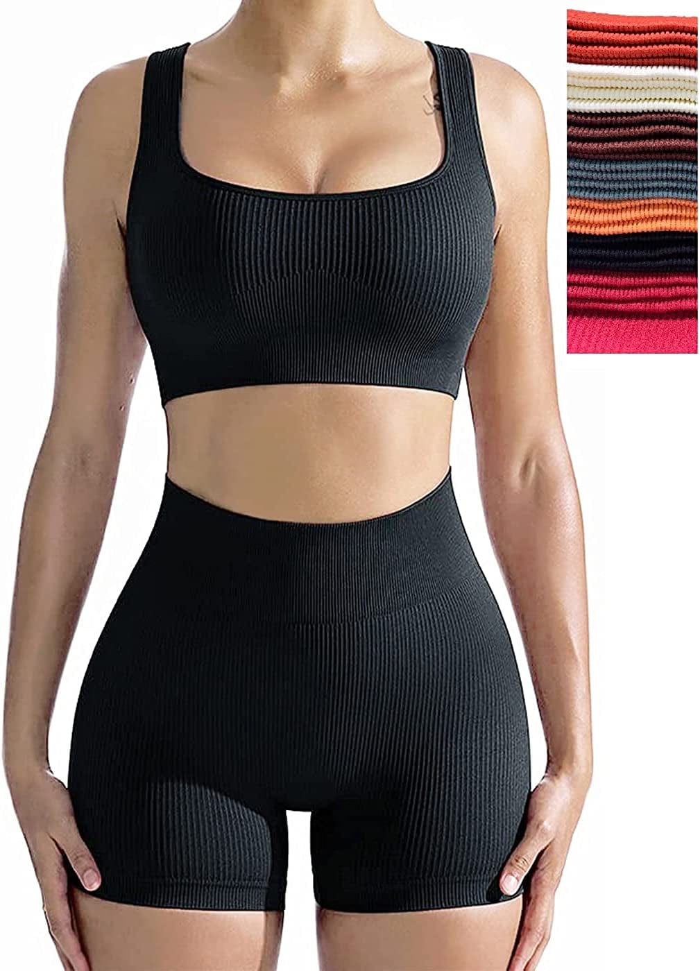 Workout Sets for Women, Seamless Crop Tops Leggings Matching 2 Pieces Outfits, Sexy Two Piece Yoga Workout Outfits Black / Medium