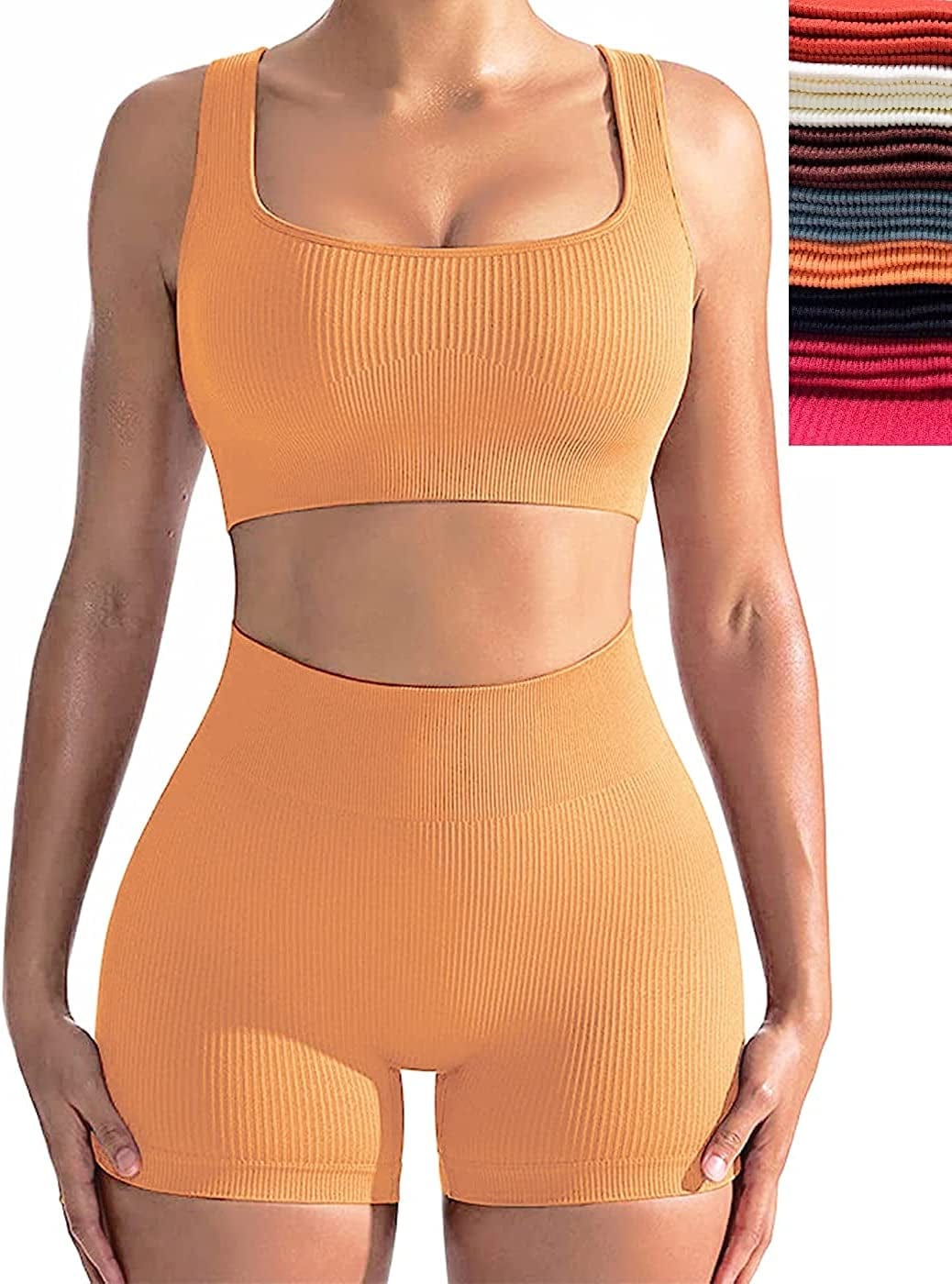Workout Sets for Women, Seamless Crop Tops Leggings Matching 2 Pieces Outfits, Sexy Two Piece Yoga Workout Outfits Light Orange / Medium