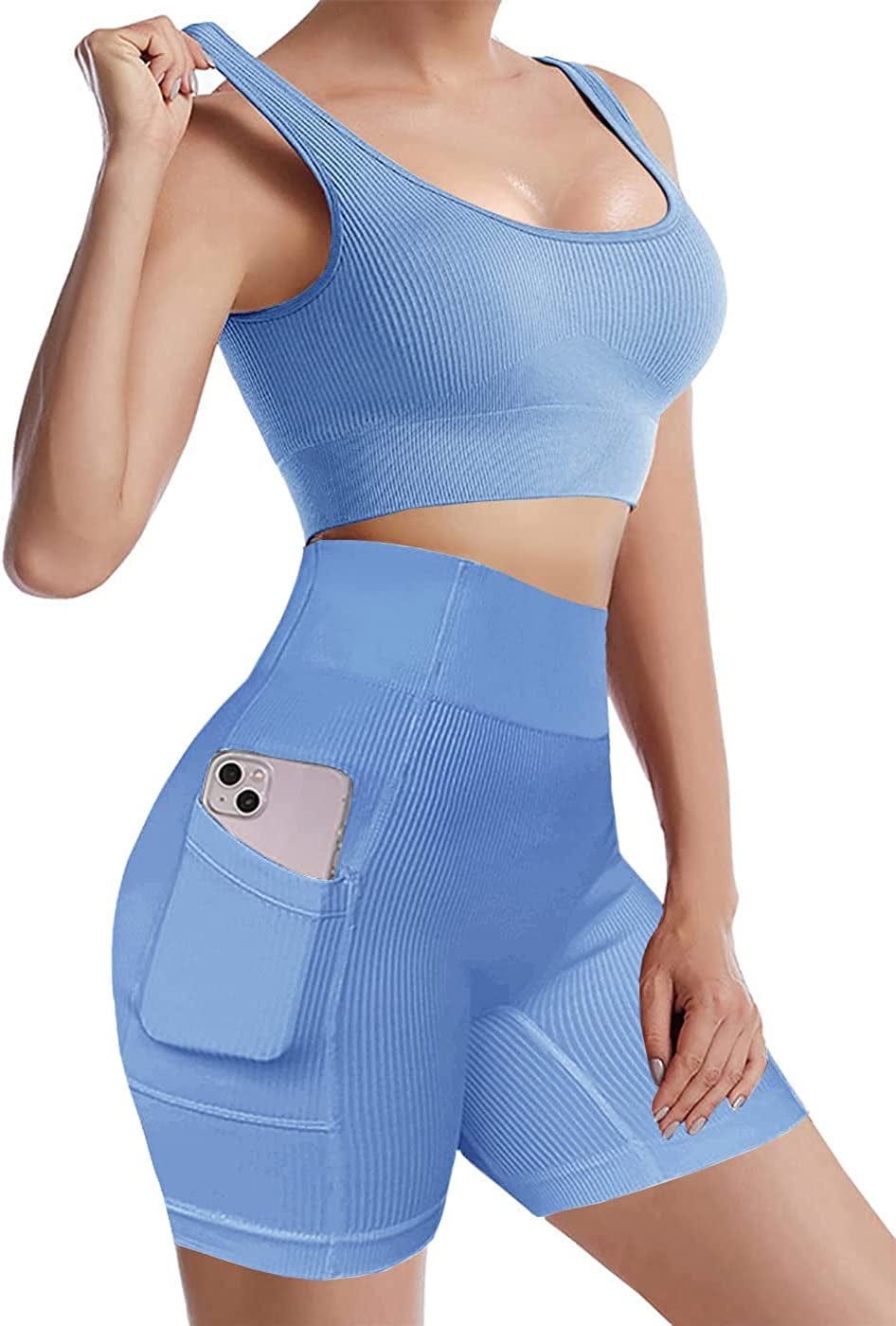 Workout Sets for Women, Seamless Crop Tops Leggings Matching 2 Pieces Outfits, Sexy Two Piece Yoga Workout Outfits Light Blue / Medium